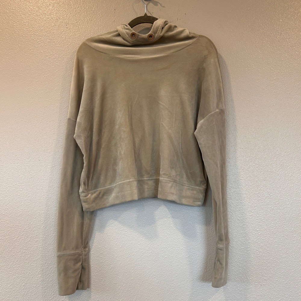 OFFLINE by Aerie Tan Velour Cropped Hoodie Funnel Neck Thumbholes Womens Small